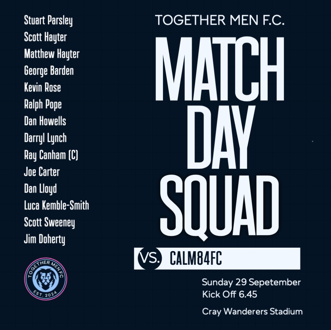 Together Men FC (@togethermenfc) on Twitter photo Match day squad for Sundays charity match against Calm84FC - <a href="/ScottyHayter/">Scotty Hayter</a> <a href="/GeorgeBarden_/">GeorgeB</a> <a href="/RobinPopePhoto/">Robin Pope Photo</a> Match day squad for Sundays charity match against Calm84FC - <a href="/ScottyHayter/">Scotty Hayter</a> <a href="/GeorgeBarden_/">GeorgeB</a> <a href="/RobinPopePhoto/">Robin Pope Photo</a>