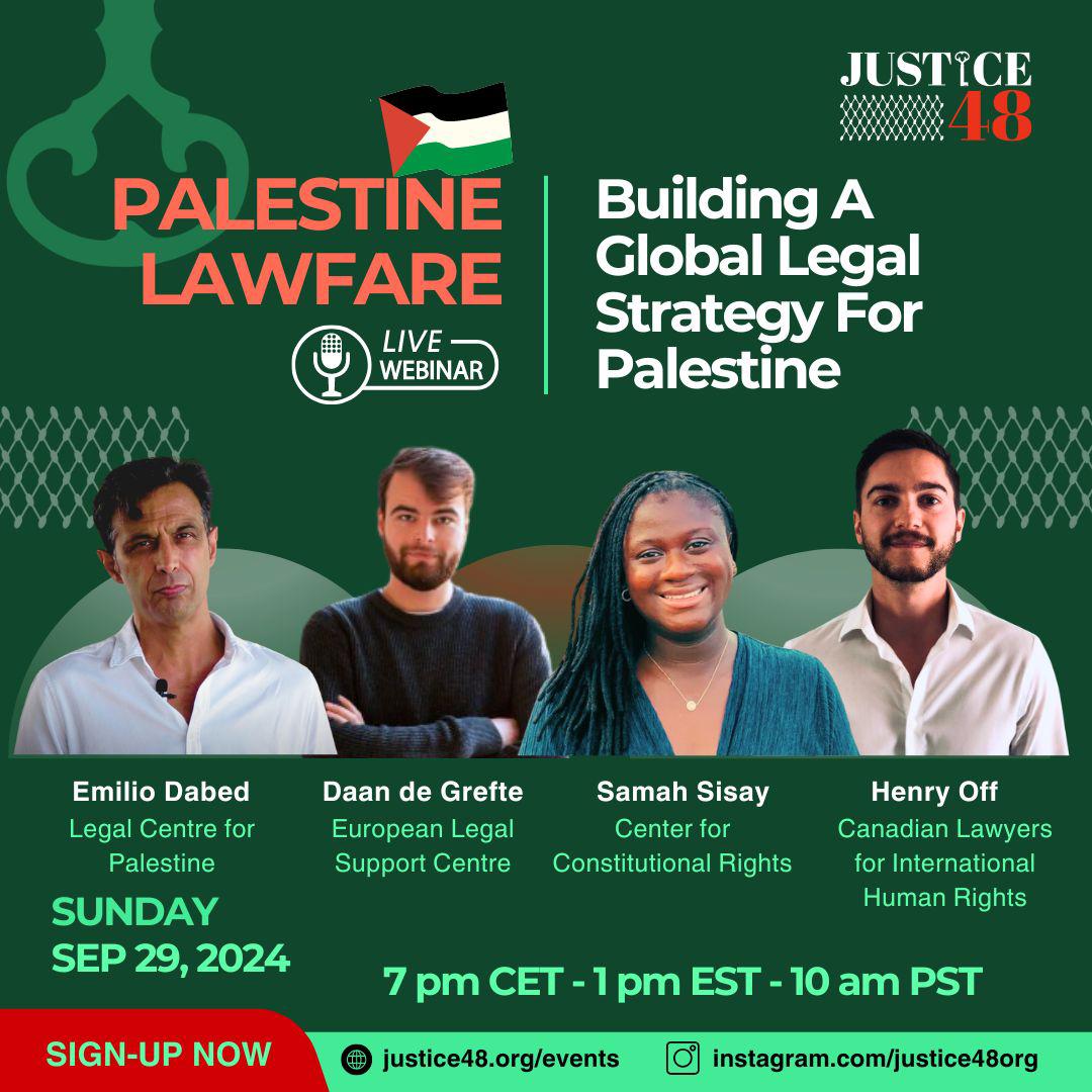 LCPal_ca's tweet photo. Join us this Sunday, Sept 29 to hear @LCPal_ca founding member, Emilio Dabed, and others explore how legal frameworks—international &amp; domestic—are challenging Western complicity in #Palestine. With @Justice48org @theCCR @elsclegal  Register here: https://t.co/NRXokd8ejc https://t.co/vCTbRqYIsa