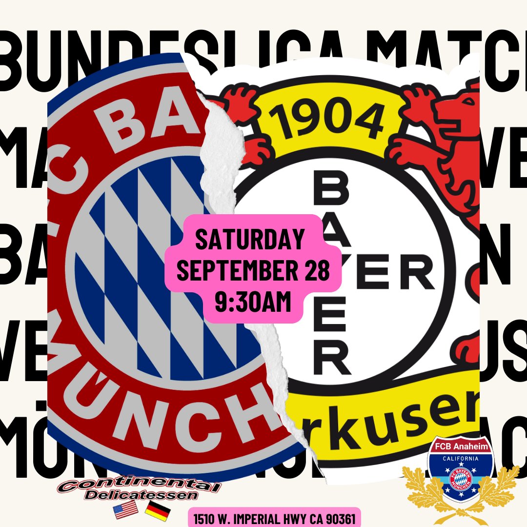 Join us tomorrow at the Deli for the new "Big Game" in the <a href="/Bundesliga_EN/">Bundesliga English</a> between <a href="/FCBayern/">FC Bayern München</a> vs <a href="/bayer04fussball/">Bayer 04 Leverkusen</a> Get to La Habra by 9:30am for kickoff. <a href="/FCB_Anaheim/">FCB Anaheim</a> <a href="/FCBayernEN/">FC Bayern</a> <a href="/FCBayernUS/">🇺🇸 FC Bayern US 🇨🇦</a> <a href="/MiaSanHollywood/">Mia San Hollywood</a> <a href="/MiaSanPortland/">🏆🏆🏆Mia San Portland🏆🏆🏆</a> <a href="/MiasanMiaCR/">🇩🇪Mia san Mia Costa Rica🔴⚪️</a> <a href="/FCBayernLA2014/">FC Bayern München LA</a>