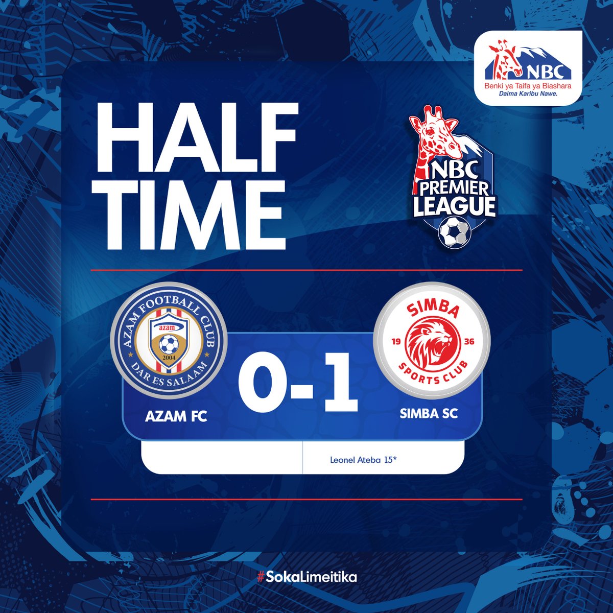 NBCTanzania's tweet photo. ๐จHalftime
Azam FC 0 - 1 Simba SC, chuma cha Leonel Ateba kikipeleka maumivu kwa matajiri wa jiji la Dar es Salaam.
Unadhani hali itakuaje kipindi cha pili?
#MzizimaDerby #NBCPremierLeague #AzamVsSimba #SokaLimeitkia https://t.co/xfjcl2lmS5