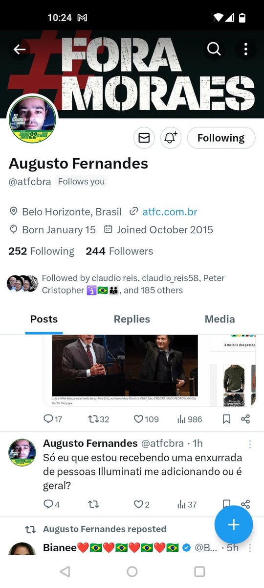 🚨 Meus queridos patriotas, indico o amigo Augusto <a href="/atfcbra/">Augusto Fernandes ☭⃠</a>  com poucos seguidores vamos dar uma força.
Tenho certeza que será recíproco 🙏 
Siga ,comentem,curta e compartilhe 🙏 
🇧🇷 Direita segue direita 🇧🇷