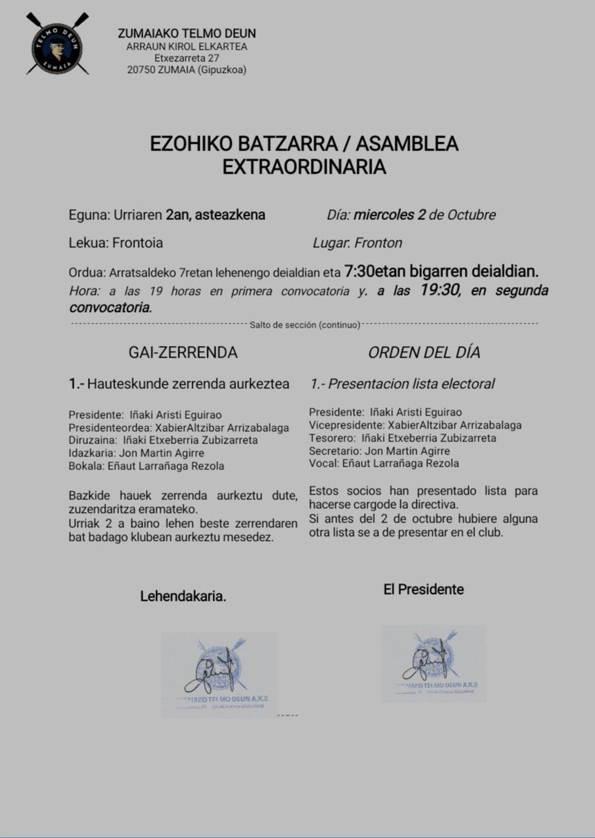 📣BAZKIDEENTZAT DEIALDIA 📣
Ezohiko batzarra, zuzendaritza berriaren aukeraketa.