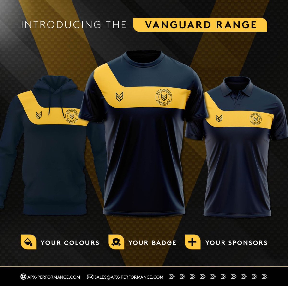 2 very exciting new ranges now available VANGUARD and SPARTAN

If you would like to see what your club, school or company logo and brand colours would look like in any of our ranges feel free to drop me a message or email: craig@apx-performance.com