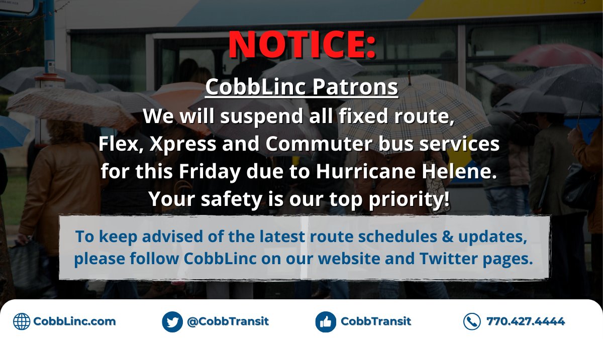 🚨  Important Update: This Friday, we are suspending all fixed route, Flex, Xpress, and Commuter bus services due to Hurricane Helene. Your safety is our top priority! Please stay tuned for further updates and take care during the storm. 📷#HurricaneHelene #SafetyFirst