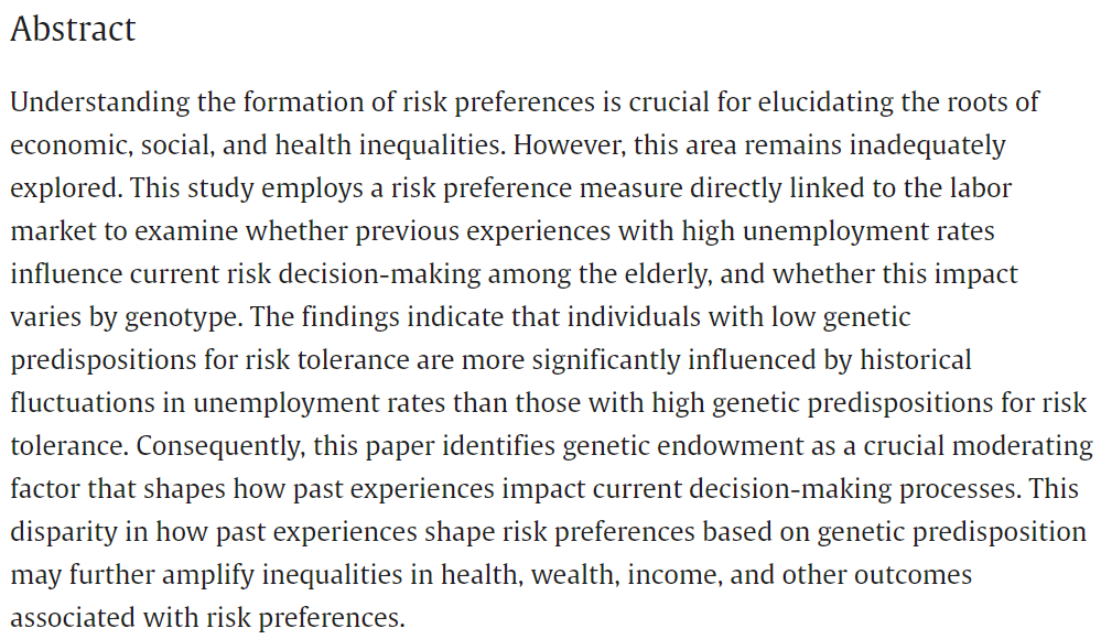 Just accepted: "The role of gene-environment interaction in the formation of risk attitudes", by Groero (<a href="/Jaroslav_Groero/">Jaroslav Groero</a>). Link: doi.org/10.1016/j.ehb.…