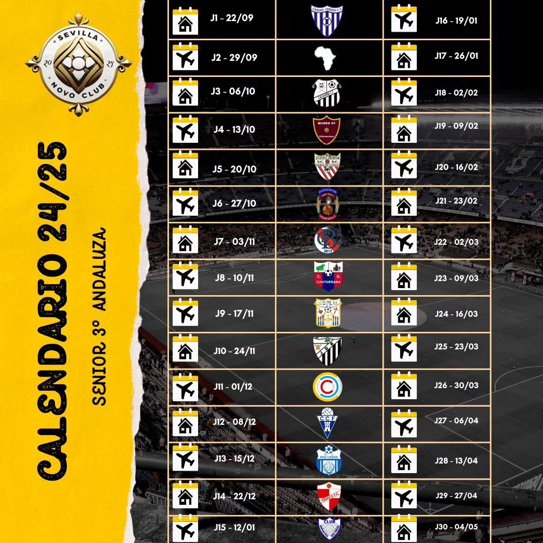 Calendario del Novo en esta temporada 2024/25.

Este año nos encontramos en la temporada con estos equipos antes presentados con los que conformamos el grupo 5 de la tercera división Andaluza de Sénior. 

Mucha suerte a todos los equipos y a por todas 💪🏽