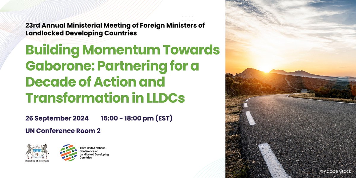 UNOHRLLS's tweet photo. 🌍 The 23rd Annual Ministerial Meeting of Foreign Ministers of #LandlockedDevelopingCountries is about to start! 
Join as we build momentum towards #LLDC3 in Gaborone. 
Together, we can drive progress through partnerships for the #DecadeOfAction!
More info:https://t.co/8yHoSLN70b https://t.co/WC9opMv81R