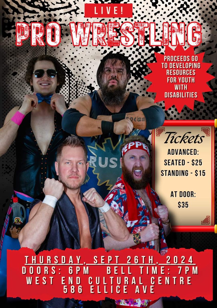 Today's events in Western/Central Canada (Thurs, Sept 26). Follow individual groups for more details.

BC
<a href="/ASWCANADA/">ASW CANADA</a>, Surrey

ALBERTA
<a href="/ClandestineSOC/">The Clandestine Wrestling Society</a>, Edmonton 

MANITOBA 
Live Pro Wrestling, Winnipeg