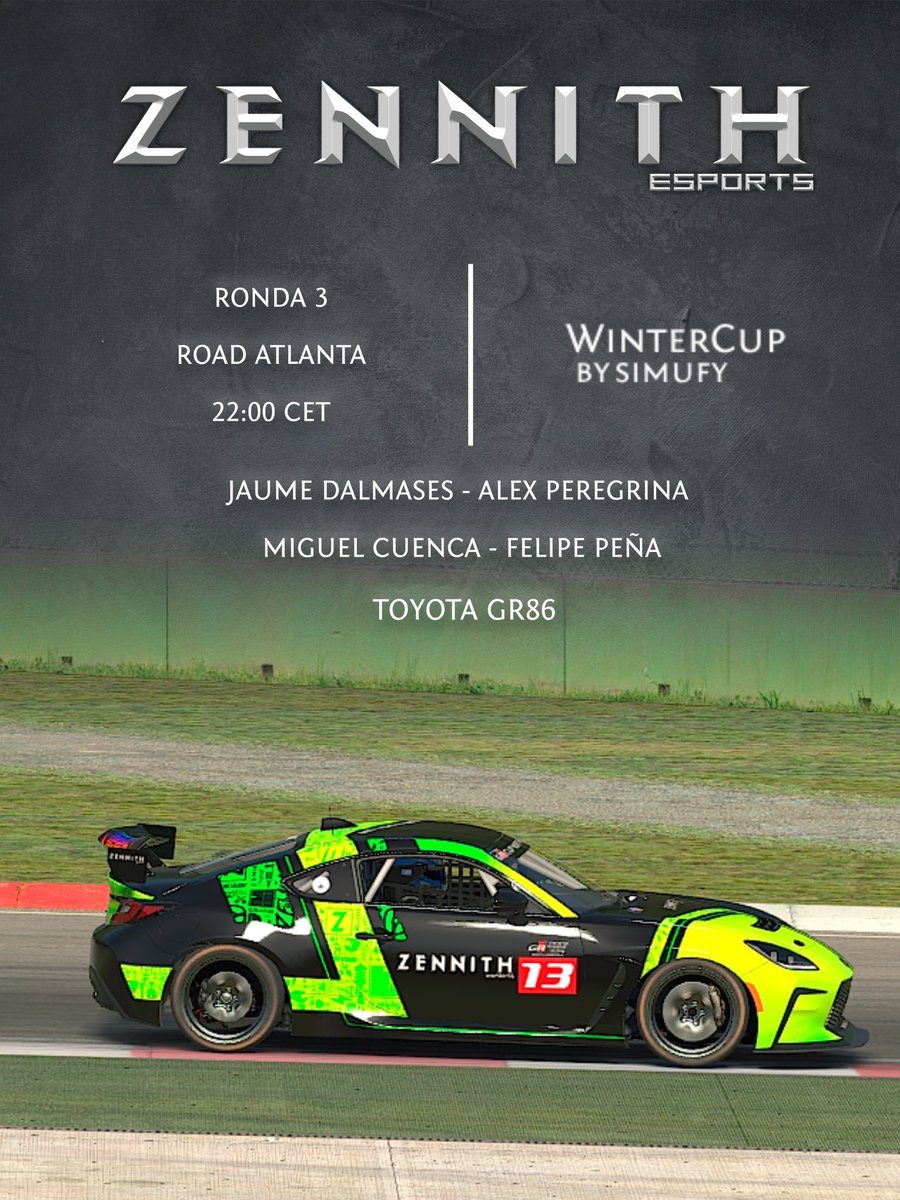 ⚫️🟢 RACE 🟢⚫️ 

Tercera ronda de la Winter Cup by <a href="/simufy/">Simufy</a> organizada por <a href="/RinconRacing/">RinconRacing TMCustomLogos</a> 

Nuestros pilotos para esta carrera <a href="/jaume_dalmases/">Jaume Dalmases</a> <a href="/alex_el_pana_28/">Alex Peregrina</a> <a href="/MiguelCuenquita/">Miguel Cuenca</a> y <a href="/FelipeP89648669/">Felipe Peña 🇪🇦🇨🇴</a> 

🚗 Toyota GR86
🏁 Road Atlanta
⏰ 22:00
📺 twitch.tv/rinconracingtv

#KRYPTONITE