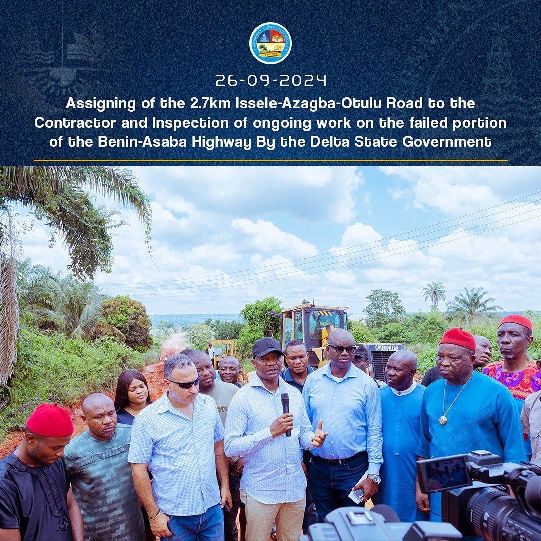 DSGovernment's tweet photo. In line with Governor Sheriff Oborevwori’s commitment to rehabilitating and constructing critical road infrastructure across Delta State for improved connectivity and ease of movement, the Commissioner for Works (Rural and Riverine Roads), Mr. Charles Aniagwu, earlier today handed over the 2.7km Issele-Azagba-Otulu road in Aniocha North Local Government Area to the contractor for completion.

During the inspection, Mr. Aniagwu also visited the construction sites of Ichie James Obodoechi Avenue and Chikozie Okafor Road in Asaba, Oshimili South Local Government Area, as well as the failed portions of the Benin-Asaba Highway. He emphasized Governor Oborevwori’s commitment to ensuring the safety of commuters, particularly on the Benin-Asaba Highway, urging the contractor engaged by the federal government to expedite repairs on the affected sections, as road users are facing significant challenges.