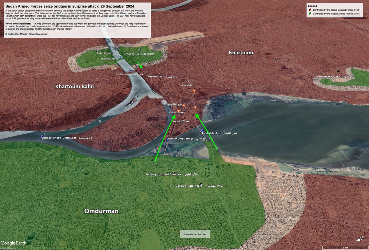 sudanwarmonitor's tweet photo. Sudan army's seized two bridges in Khartoum today, triggering fierce fighting as RSF tried to contain the advance &amp; drive the attackers back to the Nile. Presently, we estimate the bridgehead is 1-1.5 km deep with the frontline approximately between the Hilton &amp; National Museum. https://t.co/B8rUIpAgfN