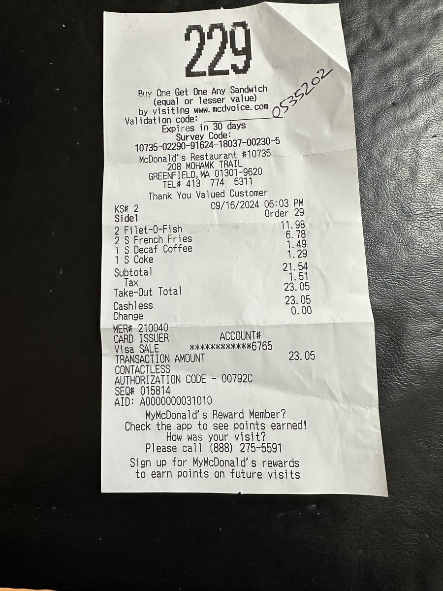 AdeleAngle's tweet photo. @McDonalds @McDonalds Here’s our bill for the so-called $5 meal deal. When we questioned the bill, they said that only works with Chicken McNuggets — though the window poster clearly showed 2  or 3 different sandwiches. It was restaurant no. 10735 in Greenfield MA. https://t.co/m8bae8SW7M
