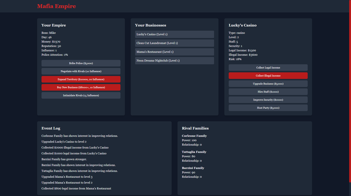 Decided to have a bit of fun and made a mafia business text-based browser game of sorts.

Project 15/100 of #Lucky100

Link below.