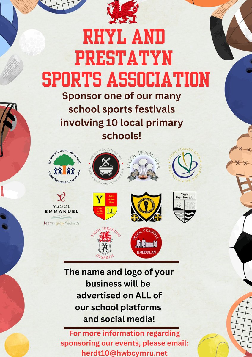 Ysgol Bodnant (@ysgolbodnant) on Twitter photo Please support our local primary schools. We are looking for sponsors to support with the equipment, medals and trophies for these events.
Please email herdt10@hwbcymru.net should you/your business wish to support us! Please support our local primary schools. We are looking for sponsors to support with the equipment, medals and trophies for these events.
Please email herdt10@hwbcymru.net should you/your business wish to support us!