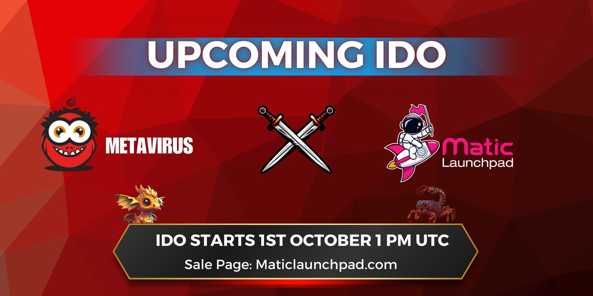 📣METAVIRUS IDO Announcement📣
IDO Starts: 1st October 1 PM UTC. 
Sale Page: Matic Launchpad
IDO DETAILS ⚜️
⭐️Token Ticker: $MVT (Polygon)
⭐️IDO price: $0.05 USD
⭐️Platform Raise: $300,000
⭐️Vesting: TGE 10%, 1m cliff, then monthly vesting for 4 months. 
⭐️Listing date: 3rd Oct