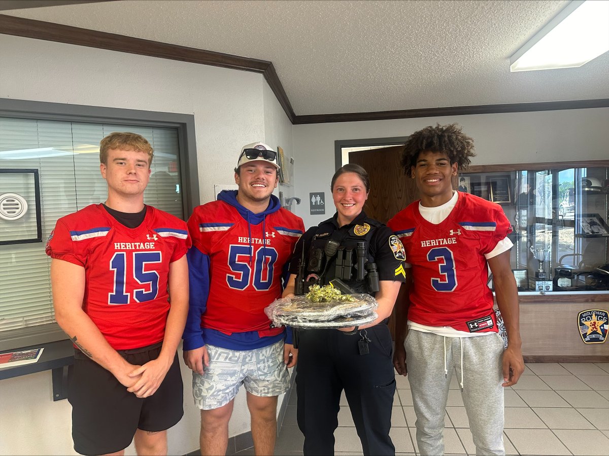 HeritageFtball's tweet photo. Our Game Friday night vs Ennis is our First Responders Night! 

Some of our Jags were on the move this week meeting the Men and Women who help to keep our community safe. We want to celebrate you this Friday!

@MISD_Athletics
#GD2BAJ #MOB #FIGHT https://t.co/fnRUCU4QSM