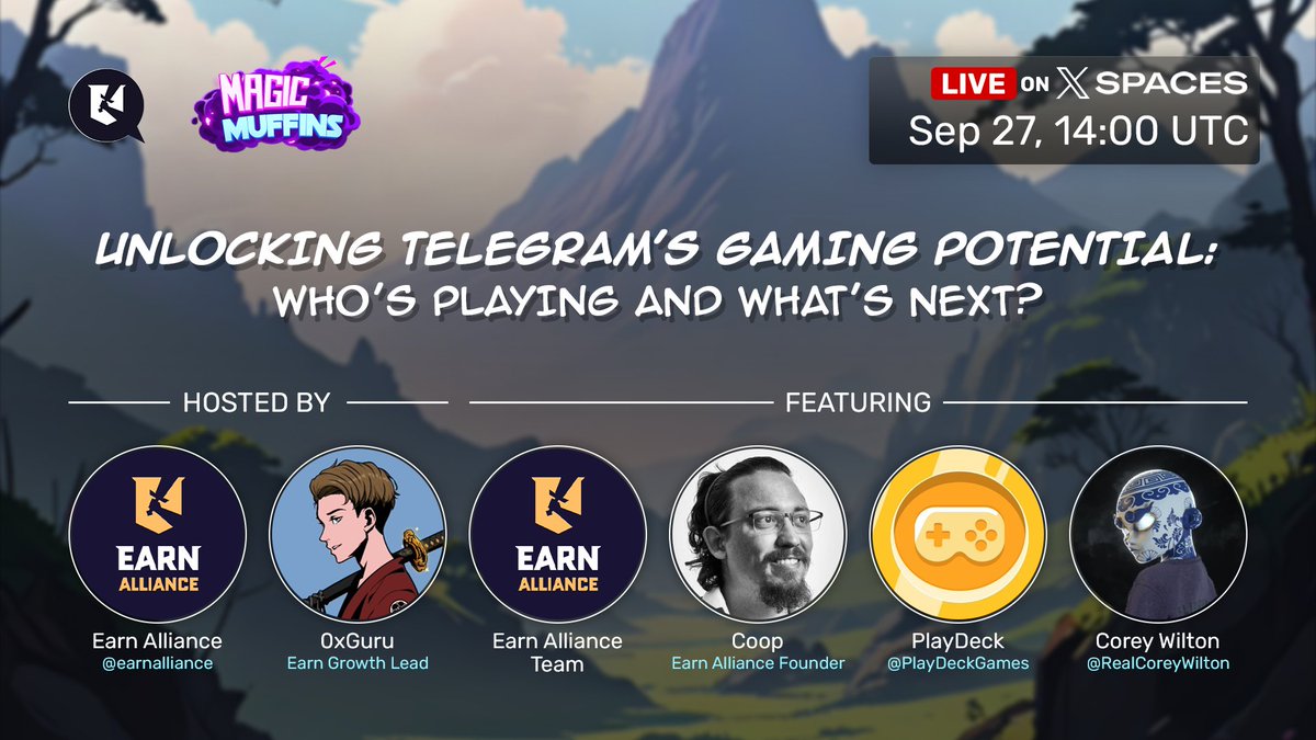 Allies, get ready for a deep dive into the world of Telegram games! 🎮

🎙️ Unlocking Telegram’s Gaming Potential: Who’s Playing and What’s Next?
🗓️ Friday, Sept 27th at 2:00 PM UTC live on X!

Hosted by <a href="/0xGuru/">0xGuru</a> 

Special Guests:
<a href="/codingcoop/">Coop | Nullshot</a> + Earn Alliance Team
<a href="/PlayDeckGames/">PlayCoin х PlayDeck</a>