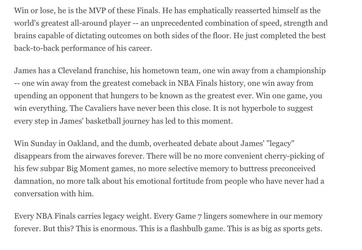 Absolutely unconscionable that ESPN let Zach Lowe go. Literally one of the best ever at what he does. 

I go back and reread this all the time just to remember the feeling a great writer can inspire.  The day before Game 7 of the 2016 Finals:
