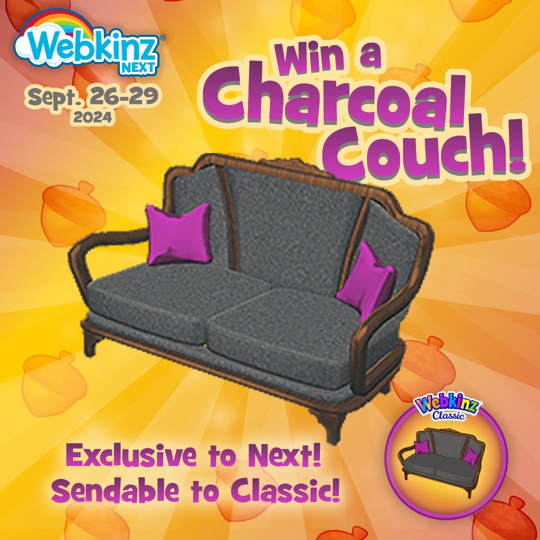 webkinz's tweet photo. WIN a Charcoal Couch for #WebkinzNext that can be sent to #WebkinzClassic! 😍 If we get a COMBINED 400 comments/retweets on Webkinz Newz, FB, IG and X by midnight Sunday, Sept. 29, we'll post a Next code for a Charcoal Couch that can be sent to your Classic account. https://t.co/1PqP7Pdd7M