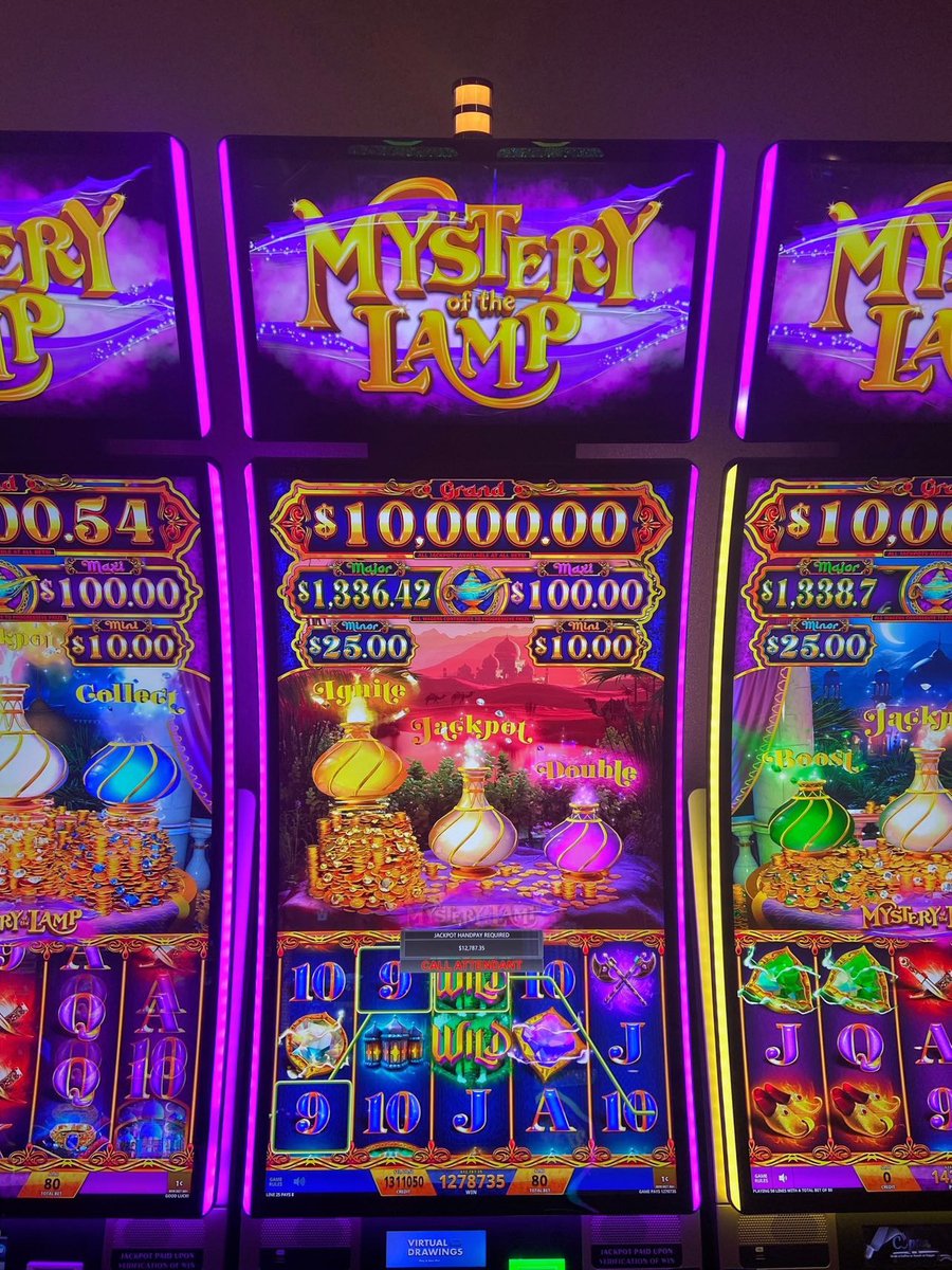 Wishes are granted on Mystery of the Lamp™ Video Slots at <a href="/Jakes_58/">Jake’s 58 Casino Hotel</a>! A player hit the Jackpot and Double Bonuses before winning a $12,787.35 jackpot on a $0.80 bet. Please help us congratulate the winner! 🧞 Learn where to play at a casino near you: bit.ly/3BkSQlh