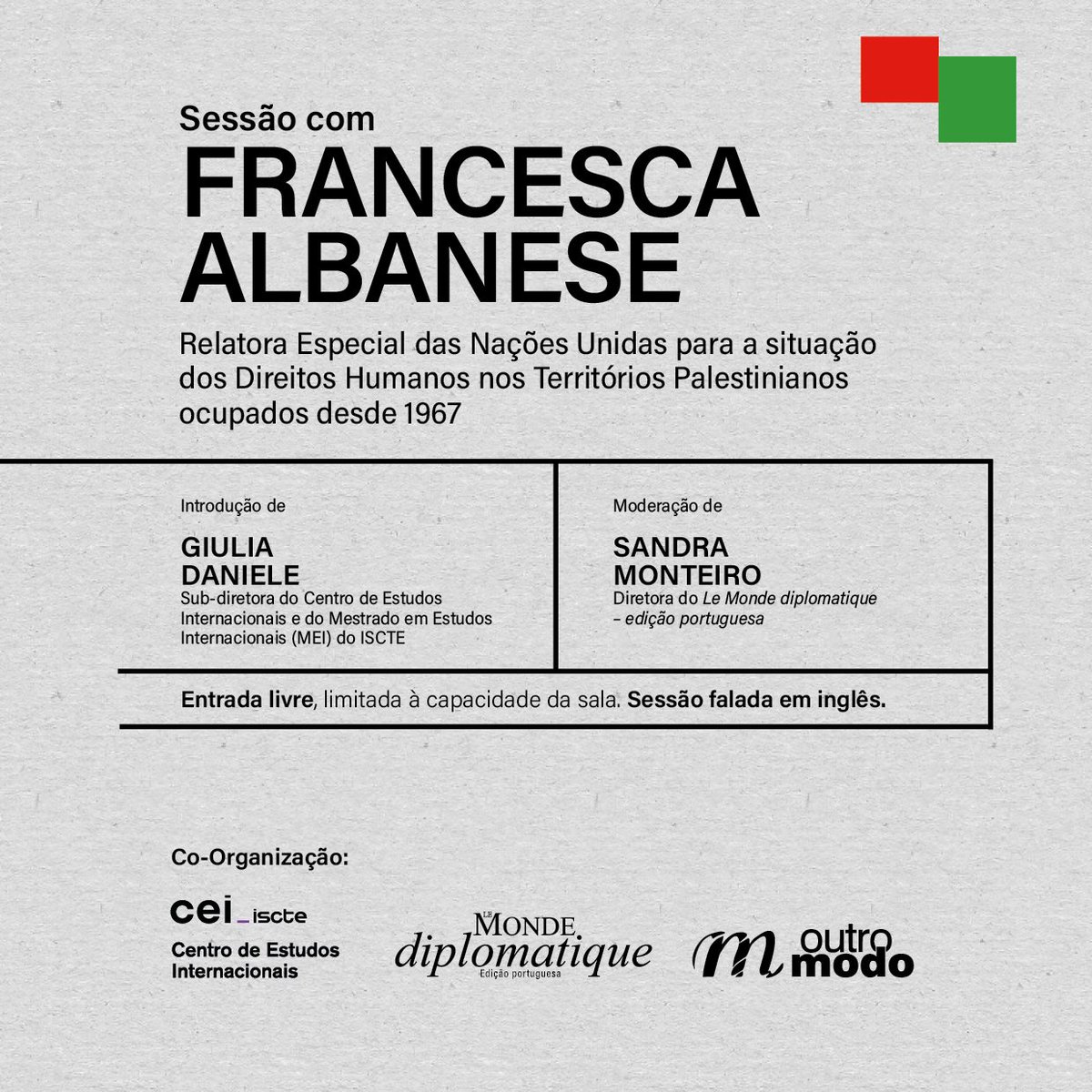 🇵🇸 «Palestine and International Law: Between Hope and the Abyss» 

Conferência de <a href="/FranceskAlbs/">Francesca Albanese, UN Special Rapporteur oPt</a>, relatora especial da ONU para os Direitos Humanos, na próxima quinta-feira dia 3 de outubro às 18h30, no Centro Cultural de Belém, Lisboa.