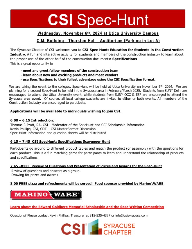 CSISyracuse's tweet image. CSI Spec-Hunt: Education for Students in the Construction Industry 

Wednesday, Nov 6th, 2024 at Utica University C.M. Building - Thurston Hall

See flyer below