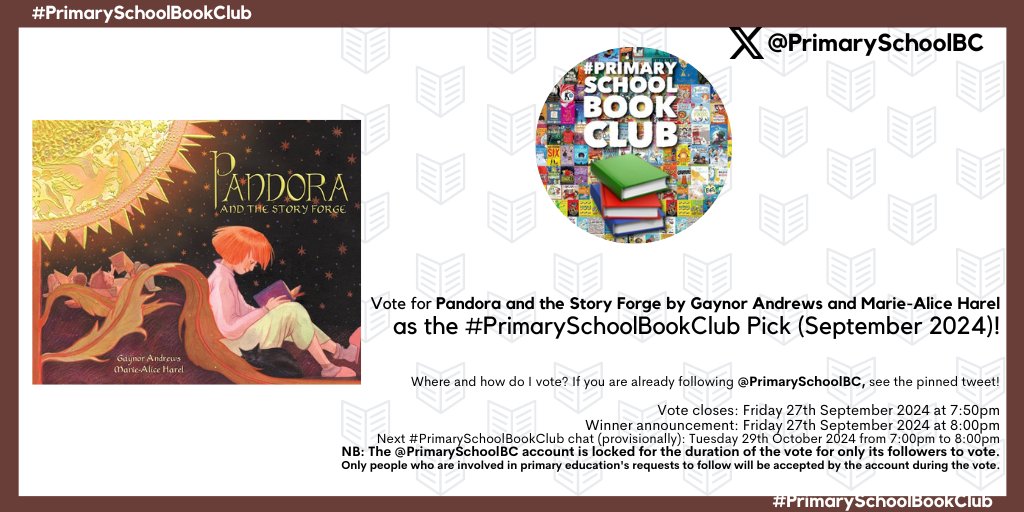 Gaynor Andrews (@gooseygandering) on Twitter photo We're absolutely delighted that Pandora and the Story Forge has been included in the #PrimarySchoolBookClubSeptember 2024 vote this evening. Please vote for us by heading to <a href="/PrimarySchoolBC/">#PrimarySchoolBookClub</a> and using the pinned tweet! ❤️
<a href="/books_rocket/">Rocket Bird Books</a> <a href="/TyildS/">Tyild's Agency</a> <a href="/Arenatweet/">Arena Illustration</a>. We're absolutely delighted that Pandora and the Story Forge has been included in the #PrimarySchoolBookClubSeptember 2024 vote this evening. Please vote for us by heading to <a href="/PrimarySchoolBC/">#PrimarySchoolBookClub</a> and using the pinned tweet! ❤️
<a href="/books_rocket/">Rocket Bird Books</a> <a href="/TyildS/">Tyild's Agency</a> <a href="/Arenatweet/">Arena Illustration</a>.