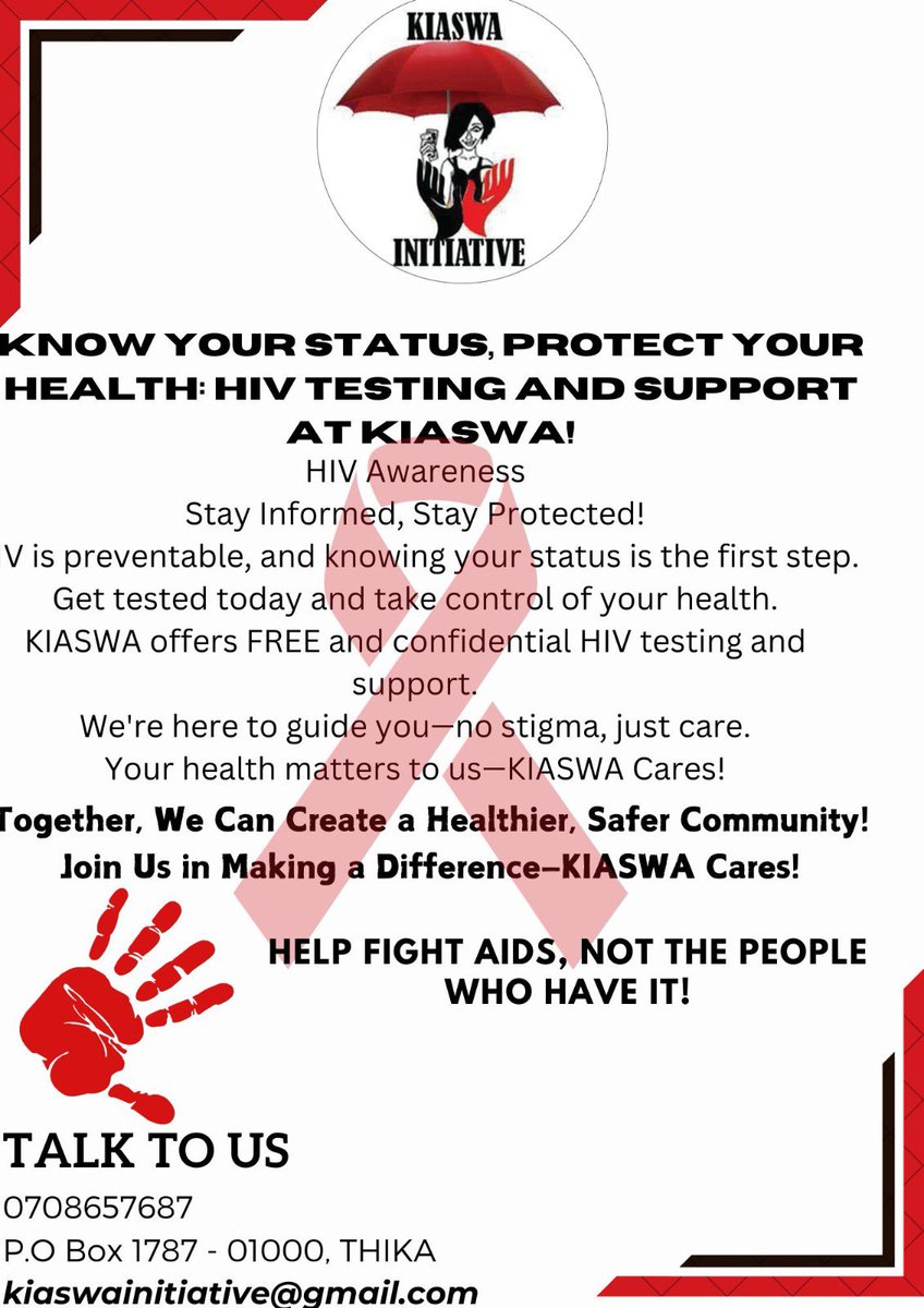 Do you know 1 out 10 is infected with HIV but does not know due to fear of unkown, HIV stigma among others?
Visit us for a HIV test as we walk with you through the journey of prevention as well as care and management
#kiaswacares