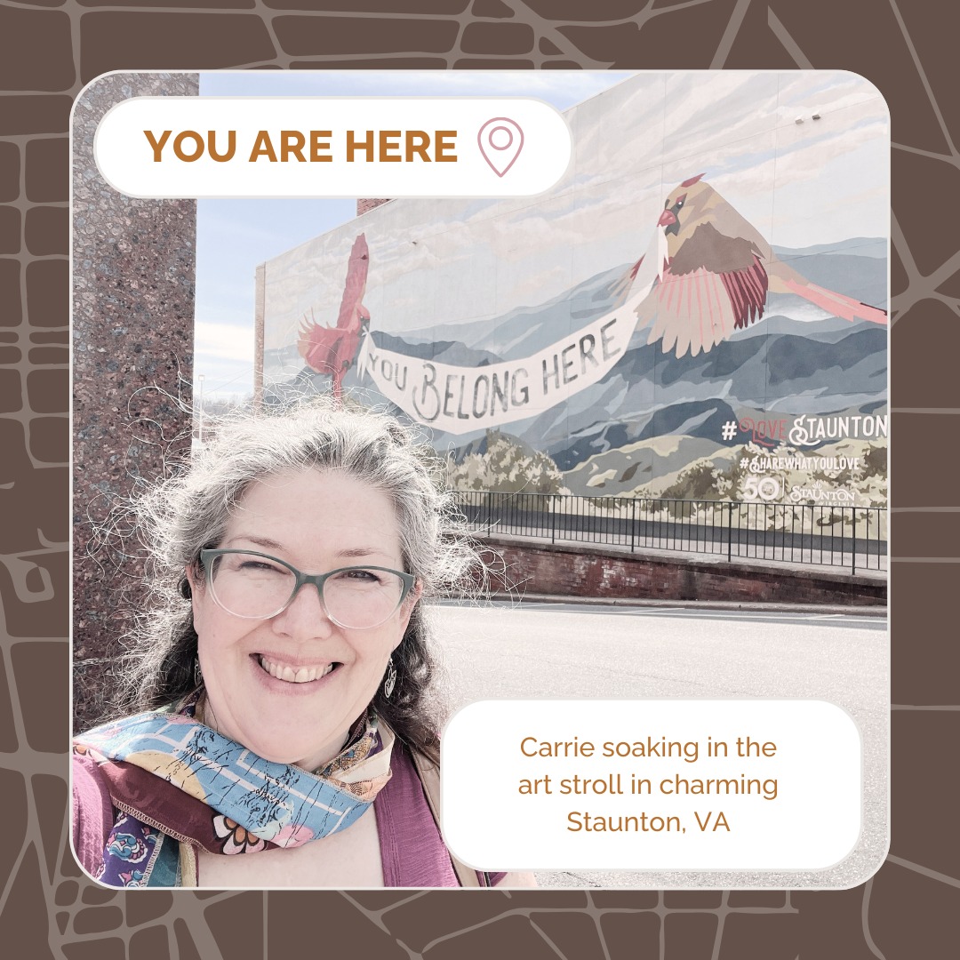 CopperSeedCoach's tweet photo. Carrie explored Staunton, VA's art scene! 
She enjoyed Shakespeare, chatted about the Harry Potter fest &amp; Wilson library. This sign caught her eye!
Lesson: Life's not just about the destination, but the journey's stops too.
Share your 'You are here' pics!
#YouAreHere https://t.co/idFAY2qyGU