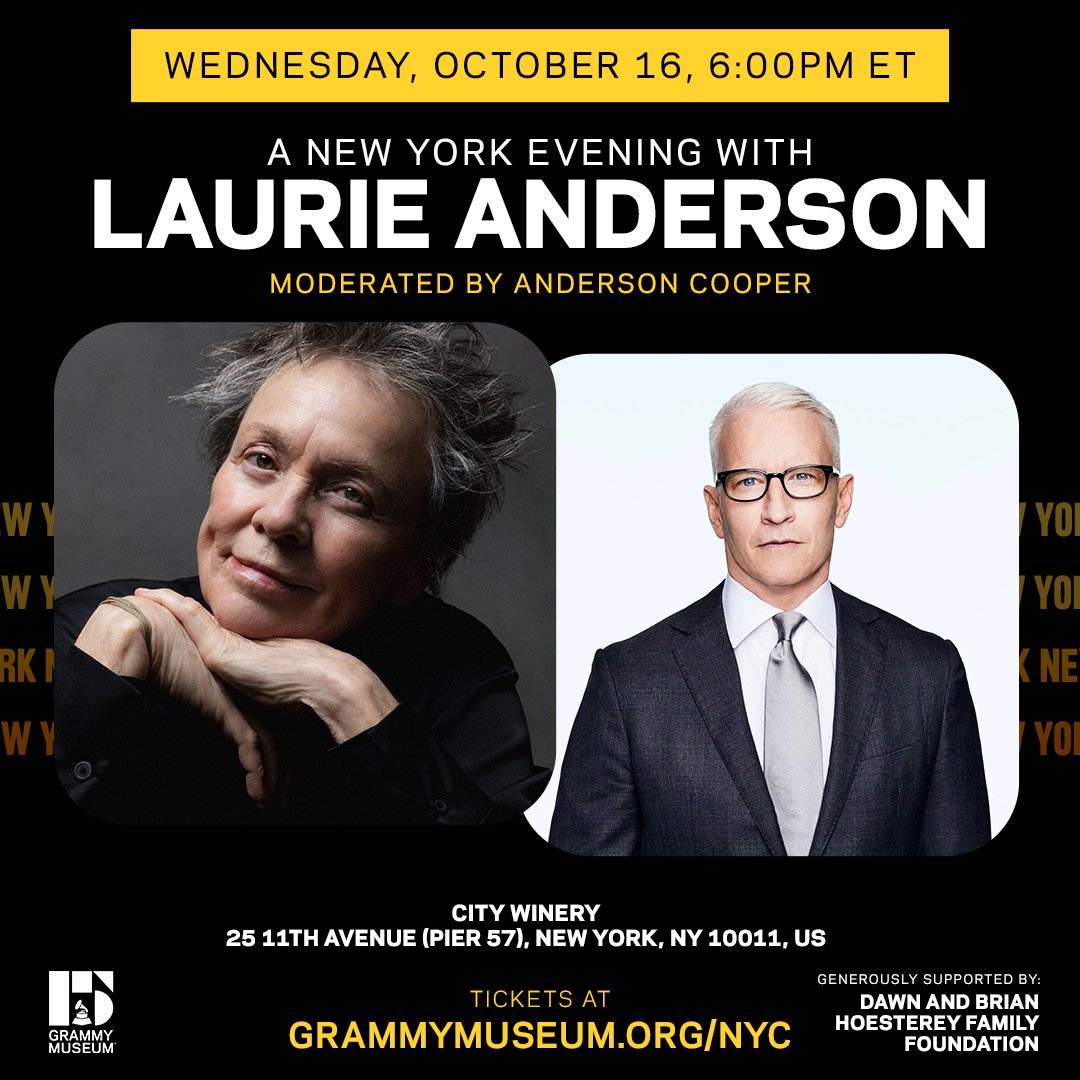 GRAMMY Museum (@grammymuseum) on Twitter photo The #GRAMMYMuseum and <a href="/CityWineryNYC/">City Winery</a> are thrilled to host Laurie Anderson (<a href="/OnlyAnExpert/">Laurie Anderson</a>) for a discussion about her album 'Amelia' with moderator @AndersonCooper on Oct. 16. A performance will follow.
🎟 Buy tickets with presale code "GRAMMYM57": grm.my/3N1QdHI The #GRAMMYMuseum and <a href="/CityWineryNYC/">City Winery</a> are thrilled to host Laurie Anderson (<a href="/OnlyAnExpert/">Laurie Anderson</a>) for a discussion about her album 'Amelia' with moderator @AndersonCooper on Oct. 16. A performance will follow.
🎟 Buy tickets with presale code "GRAMMYM57": grm.my/3N1QdHI