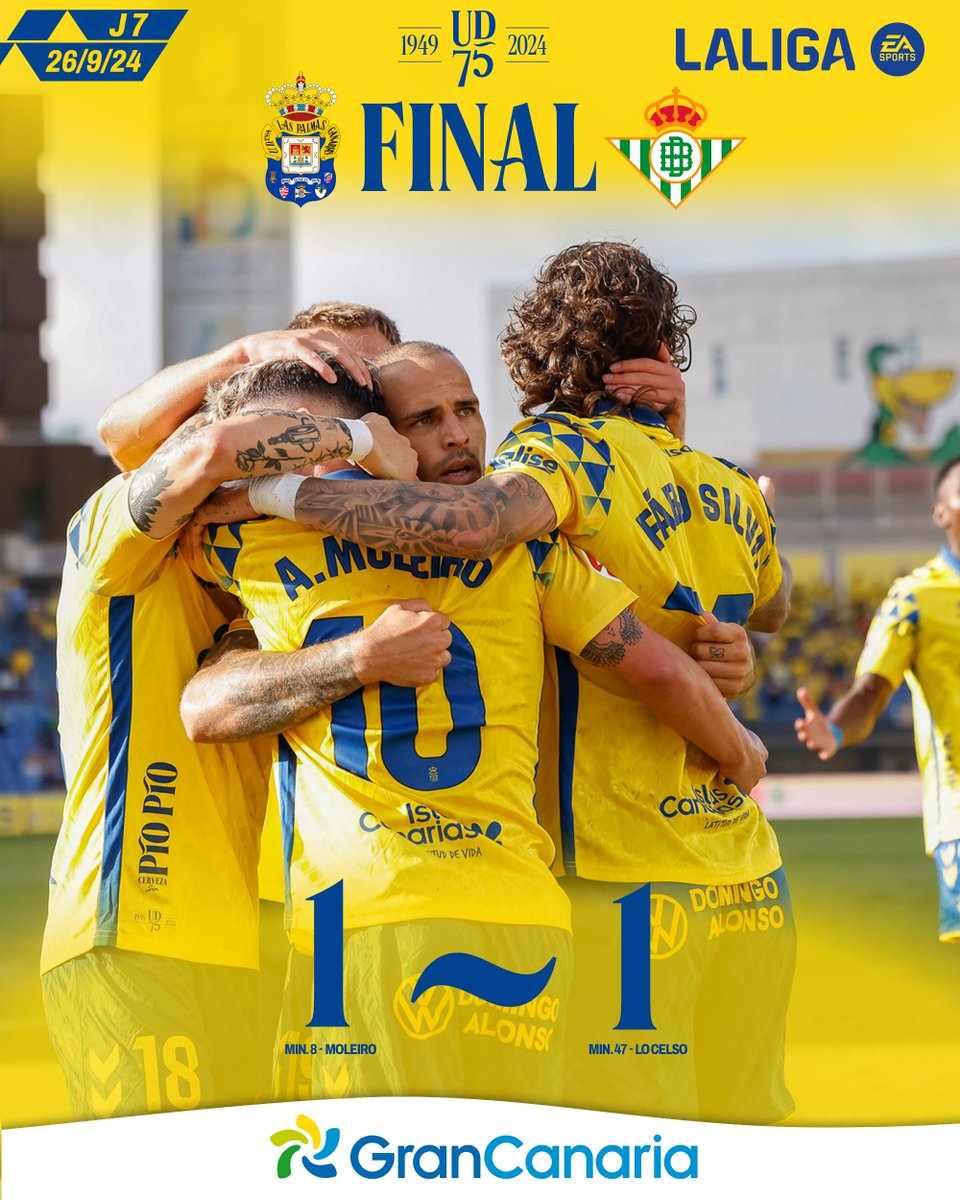 🔚 ¡Final del partido en el Gran Canaria!

#LasPalmasRealBetis #LaUniónDePorVida #LaUniónHaceLasPalmas #PíoPío #75AniversarioUD
