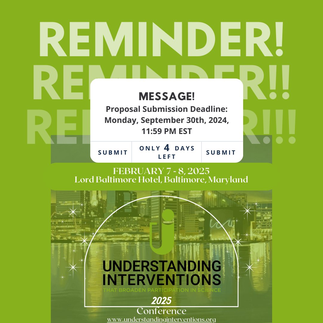 Reminder! Important Dates! Abstract Submission Deadline: Monday, September 30, 2024 Early Bird Registration Deadline: Friday, November 1, 2024 Conference: Feb 7-8, 2025 in Baltimore, MD Don't miss out! Register now 👉 understandinginterventions.org #UIConference2025