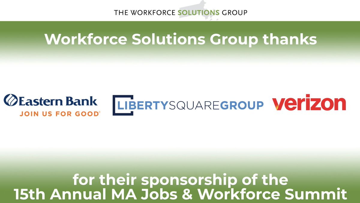 A big thank you to our sponsors <a href="/easternbank/">Eastern Bank</a>, @libertysquaregr, and <a href="/Verizon/">Verizon</a> for their sponsorship of the 15th annual MA Jobs &amp; Workforce Summit. #MAJobsSummit24