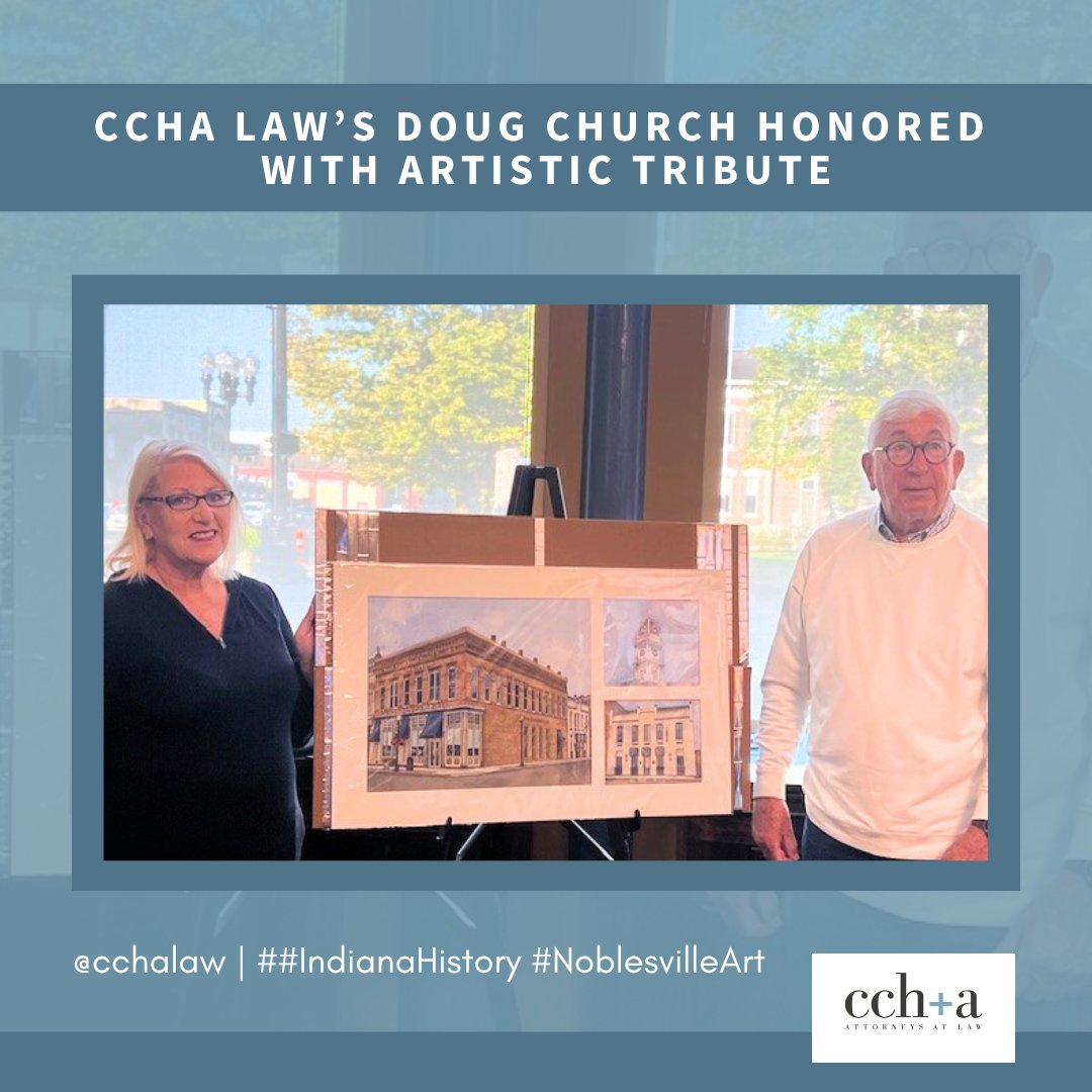 CCHALAW's tweet photo. Last week, #CCHALaw’s Doug Church was honored with a special gift 🎁 from local artist Karen Christensen, inspired by his ISBA Courthouse Art project. She gifted a painting of our Noblesville office, which Doug plans to frame and display at CCHA. 🏛️🎨 

#NoblesvilleArt #ArtAndLaw https://t.co/0G1jq61vnQ
