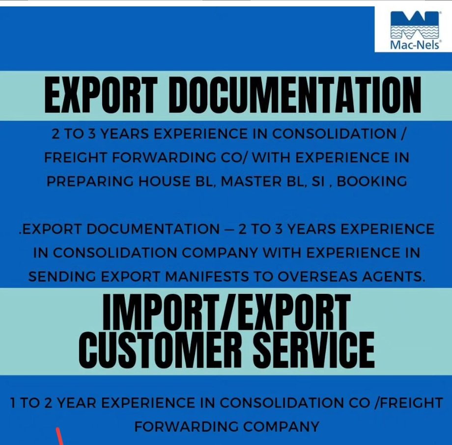 Need for our Vikhroli branch for expansion #vacancy #hiring #shipping #jobs #exports #customsbroker #customsearence #customhouseagent #nvocc #seafreight #hiringalert #jobopportunities #jobvacancy #JobOpening #jobseeker #jobhunting #Mumbai - hrdmum@macnelsindia.in