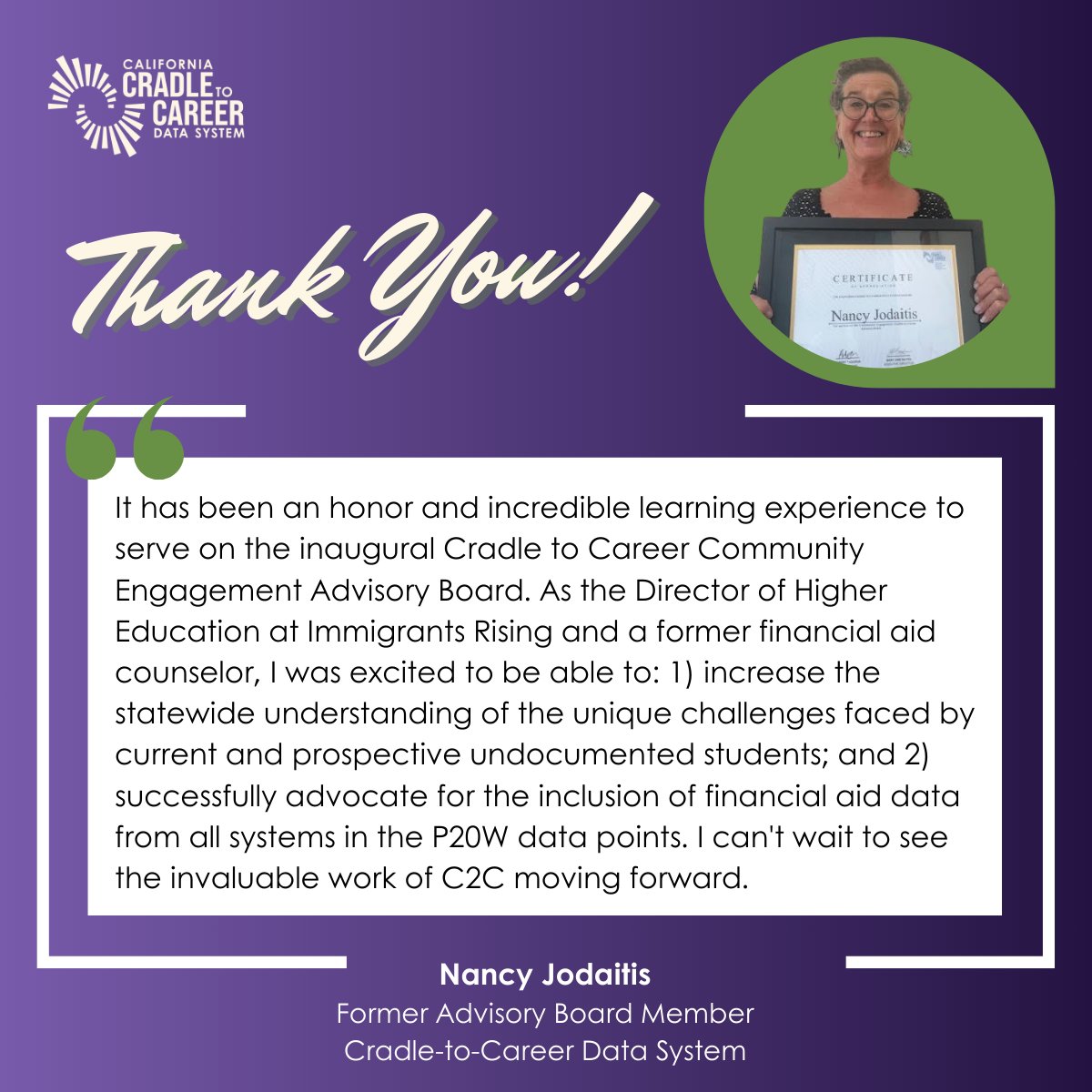 ⚡Spotlight: Thank you to Nancy Jodaitis for serving on C2C's Community Engagement Advisory Board. Nancy’s expertise helped inform C2C’s community engagement strategies, ensuring C2C creates strong feedback loops with California’s diverse communities.