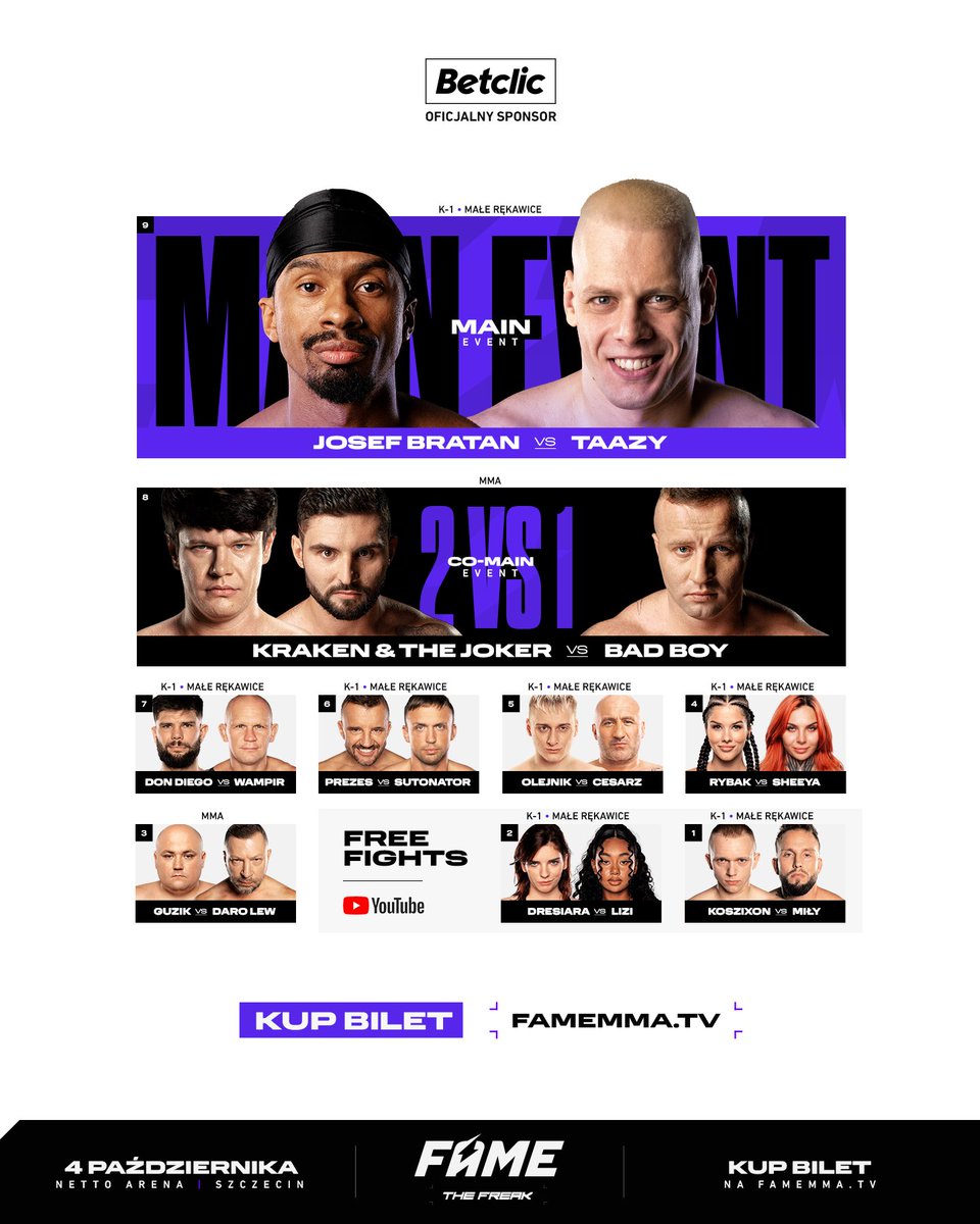 famemmatv's tweet photo. POZNAJCIE KARTĘ WALK NAJBLIŻSZEJ GALI 🔥🔥🔥

FAME: The Freak to prawdziwa esencja freak fightów! 💥😈 Już w piątek, 4 października w Netto Arenie w Szczecinie czeka nas wieczór, który wstrząśnie oktagonem i dostarczy nam niezapomnianych emocji i ikonicznych momentów! 🙈 Adrenalina, zwroty akcji i starcia na najwyższym poziomie – to wszystko jednego wieczoru. Nie możesz tego przegapić! 🌪️

Main event to starcie Josefa Bratana z Taazym w formule K-1 w małych rękawicach 💥 Zwycięzca turnieju w klatce rzymskiej powraca głodny triumfu, jednak Jose jest gotów stanąć mu na drodze i dostarczyć spektakularne widowisko. Zwroty akcji są jak najbardziej możliwe! 🙂‍↕️

W co-main evencie Denis „Bad Boy” Załęcki stanie do wyjątkowego pojedynku z dwoma rywalami jednocześnie – Natanem „Krakenem” Marconiem i Adrianem „The Jokerem” Ciosem! 🤯🔥 Walka 2 na 1 to niecodzienne wyzwanie, które podniesie poziom adrenaliny do maksimum! 📈 Kto wyjdzie zwycięsko z tej potyczki? 😏

Kolejne ekscytujące zestawienie to Don Diego vs Wampir. Obaj zawodnicy są gotowi pokazać największe umiejętności w K-1! 🤼‍♂️ Dodatkowo czeka nas pełna napięcia rywalizacja między Pasutem i Prezesem – ich słowny konflikt nareszcie przeniesie się do oktagonu! 👏

Zobaczymy także pojedynek, w którym dwóch zawodników będzie walczyć o przełamanie niekorzystnej serii. Marcin „Cesarz” Najman i Tomasz Olejnik desperacko potrzebują zwycięstwa, które przywróci im dawną chwałę! 😈 Kto z nich w końcu odbije się od dna? 🏆

W rewanżowym pojedynku zobaczymy powracającą do klatki Sheeyę, która zmierzy się z Dominiką Rybak w K-1 oraz Guzika w walce z Daro Lwem. Gwarantujemy – będzie się działo! 🦾 Na deser walka debiutantki Dresiary, która zawalczy z Lizi oraz starcie dwóch prawdziwych freaków: Koszixon vs Miły! 👀🙌

Poznaj nowe twarze i przeżyj niezapomnianą esencję freaków! Kup bilet już teraz i bądź świadkiem najbardziej szalonej gali tego roku! 🎟️💥

GALA JUŻ W NASTĘPNY PIĄTEK ❗
KUP BILET JUŻ TERAZ ➡️ https://t.co/yT9Hd6Md6D

FAME The Freak: Już w piątek 4 października 2024 r. / Netto Arena Szczecin! 🏟️

#thefreak #famemma