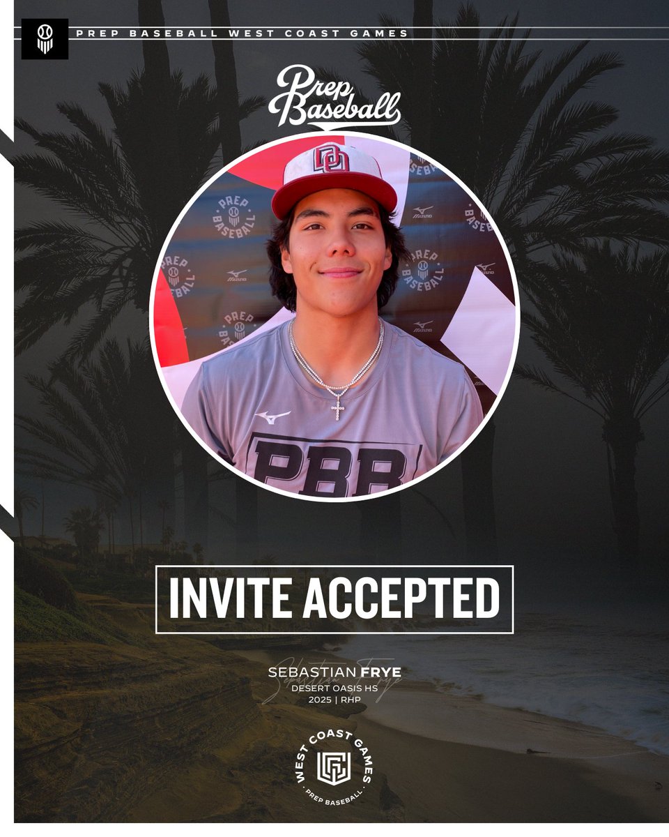 𝟐𝟎𝟐𝟒 𝐖𝐞𝐬𝐭 𝐂𝐨𝐚𝐬𝐭 𝐆𝐚𝐦𝐞𝐬

'25 RHP Sebastian Frye (Desert Oasis) has accepted his invited to the 2024 West Coast Games in SoCal.

Frye showed well at the Las Vegas Top Prospect Games in May, running his FB up to 86.2mph.

👤 loom.ly/fCIS-jE | @Bassfrye2025