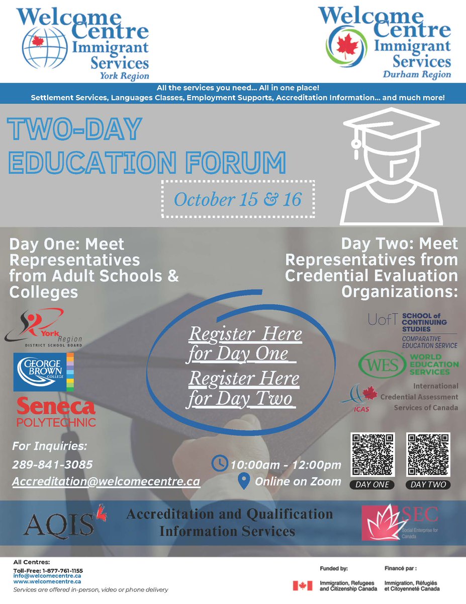 durham_york's tweet photo. Are you a newcomer to Canada? Do you want to learn more about higher education in Ontario and the credential evaluation process?

Join us for the Welcome Centre's Two-Day Education Forum on October 15 &amp; 16!

REGISTER HERE: https://t.co/dStAGVKhDV

OCTOBER 15 &amp; 16
10AM - 12PM
ZOOM https://t.co/4td8xj5CLZ