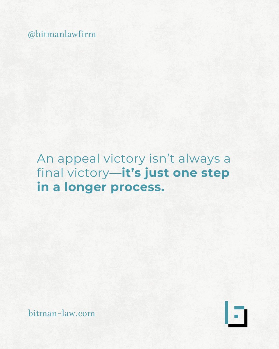 Bitmanlawfirm's tweet image. Winning an appeal doesn’t mean the case is over—it often leads to more legal steps.

At Bitman Law, we guide you through every stage of the process to ensure you’re prepared for what comes next. 

Need help with an appeal? We’re here for you.

#AppealsProcess #ProtectYourRights