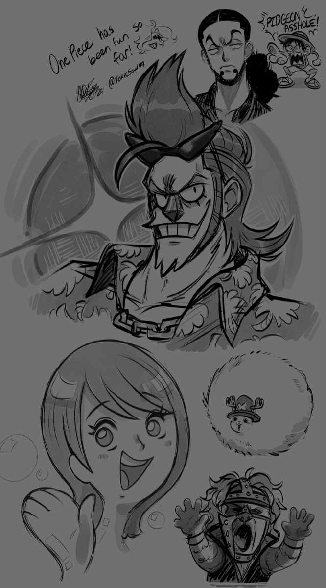 Been gradually watching One Piece and just finished thriller bark. Have some doodles that I have just in passing of watching the show so far! 😚