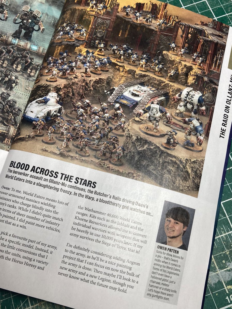 Owen_Patten's tweet photo. The final part of the The Raid on Ollanz-Mu article in this months White Dwarf, issue 504. Showcasing the complete 3000pt World Eater force.  #WarhammerCommunity #HorusHeresy #worldeaters #Warhammer30k #PaintingWarhammer #whitedwarf #whitedwarfmagazine https://t.co/Gl0Yg9VHnJ