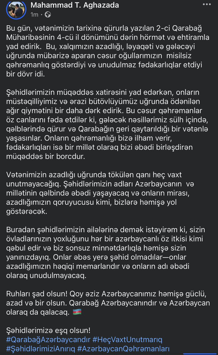 Today marks 4 years since the 2nd Karabakh War, a pivotal moment in our history when the bravery and sacrifice of our heroes led to the liberation of our lands.

Rest in peace, our eternal heroes.
#KarabakhIsAzerbaijan🇦🇿 #NeverForget #HonorOurMartyrs