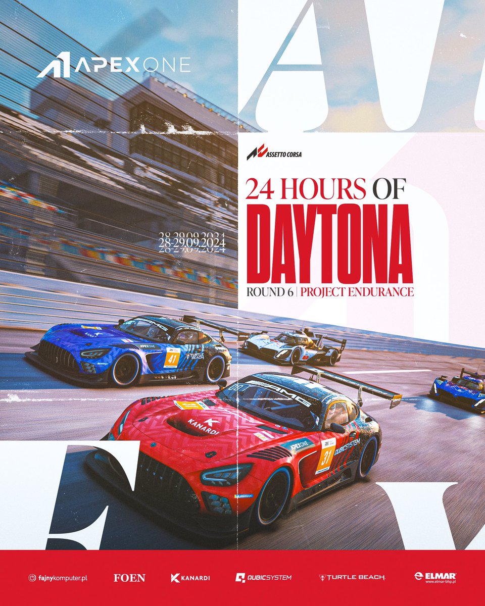 apexoneteam's tweet photo. Przygotujcie się na największe wydarzenie w Polsce w wirtualnych wyścigach wytrzymałościowych w tym roku. Przed wami Daytona 24h by PE, ostatni wyścig 5 sezonu oraz ostatni wyścig ligi w historii. Wystawiamy do rywalizacji, aż 7 zespołów liderów obu klasyfikacji generalnych. https://t.co/pfM622nFuj