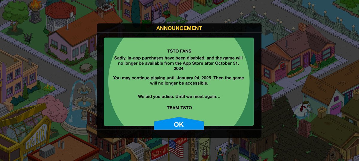 PreviouslyGames's tweet photo. #TheSimpsonSpringfield
#LosSimpsonSpringfield
💥BOMBAZO💥
Los Simpson: Springfield cerrará sus puertas el 24 de enero de 2025, tras 12 años en el mercado.
Las compras dentro de la aplicación se desactivarán en Halloween. https://t.co/16OM5XvMuc