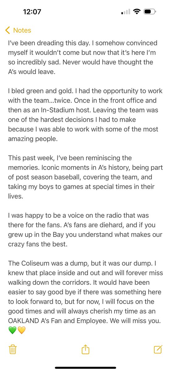 AnnaKagarakis's tweet photo. So incredibly sad today. Never thought this day would come. 

I’ll miss every single moment, and will share some memories from over the years as an employee, reporter, and fan. 

My heart is broken and I’ll miss my OAKLAND A’s. #OaklandAs https://t.co/YiNZLgbQU7