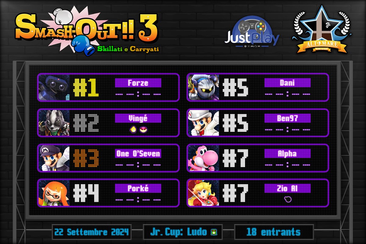 Smash-Out!! 3 - Skillati e Carryati. [18 Entrants/Palermo]
Congratulations to <a href="/4zeRob/">AMS_Forze</a> winning the tournament 3-2 against Vingé!

Bracket: start.gg/tournament/sma…
