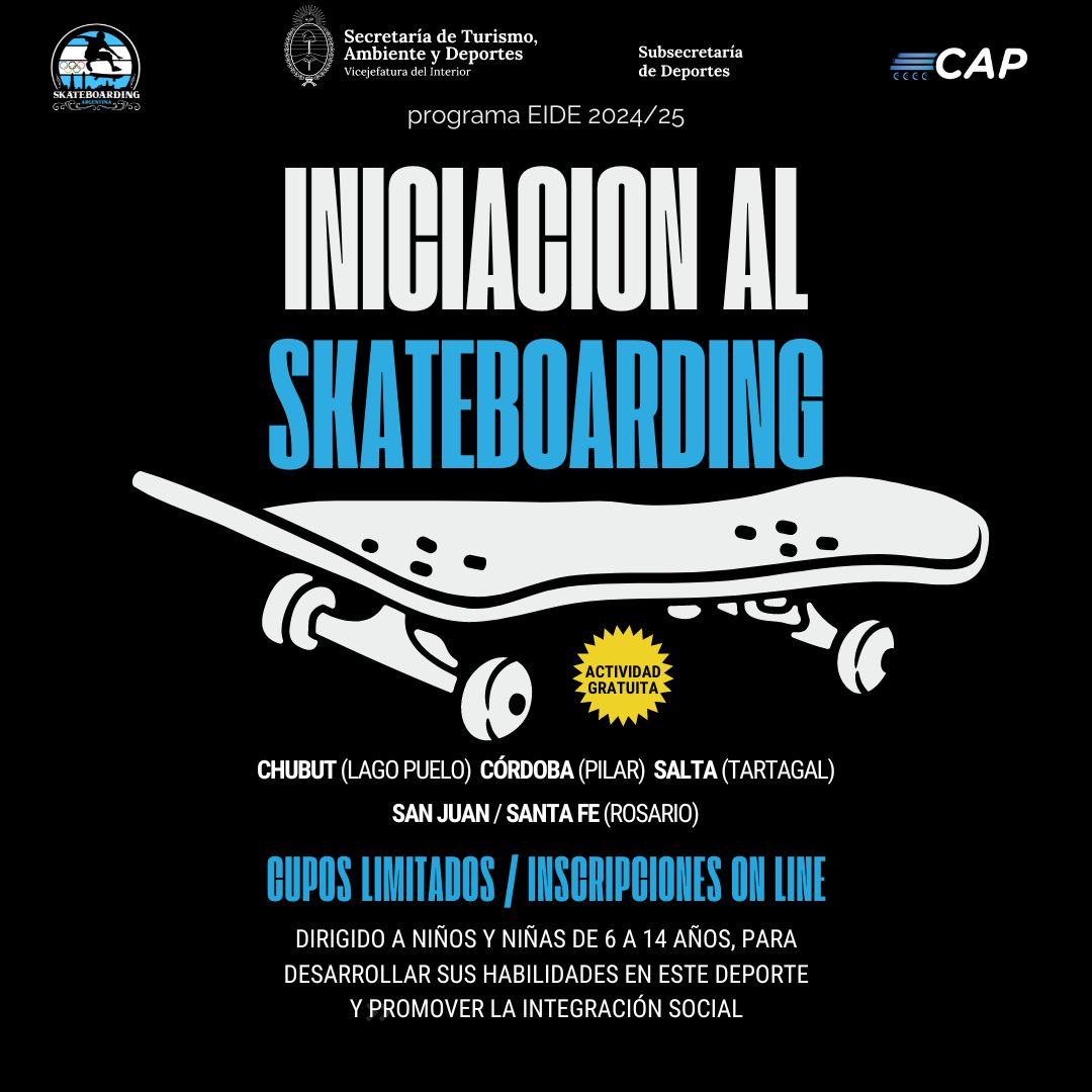 SUMATE A APRENDER SKATEBOARDING 🛹

Lanzamos la edición 2024-2025 de las Escuelas de Iniciación Deportivas en cinco provincias del país. Atención Chubut, Córdoba, Salta, San Juan y Santa Fe 📢📢

CUPOS LIMITADOS⚠️

Anotate

capatinoficial.com/noticias/2024/…