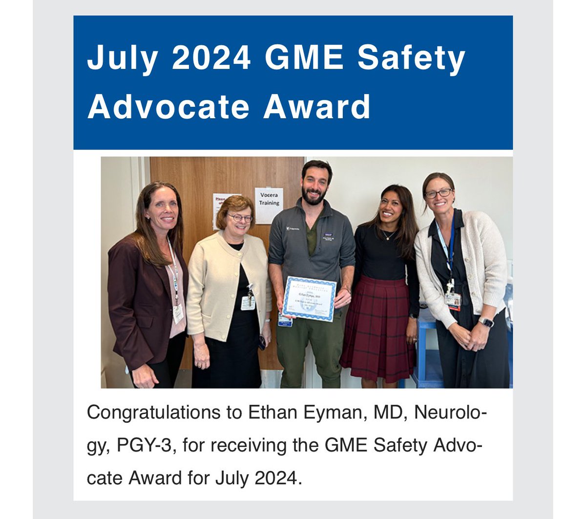 Go Ethan! <a href="/dukegme/">Duke GME</a> - thanks for recognizing our fabulous trainees for their efforts in championing patient safety!