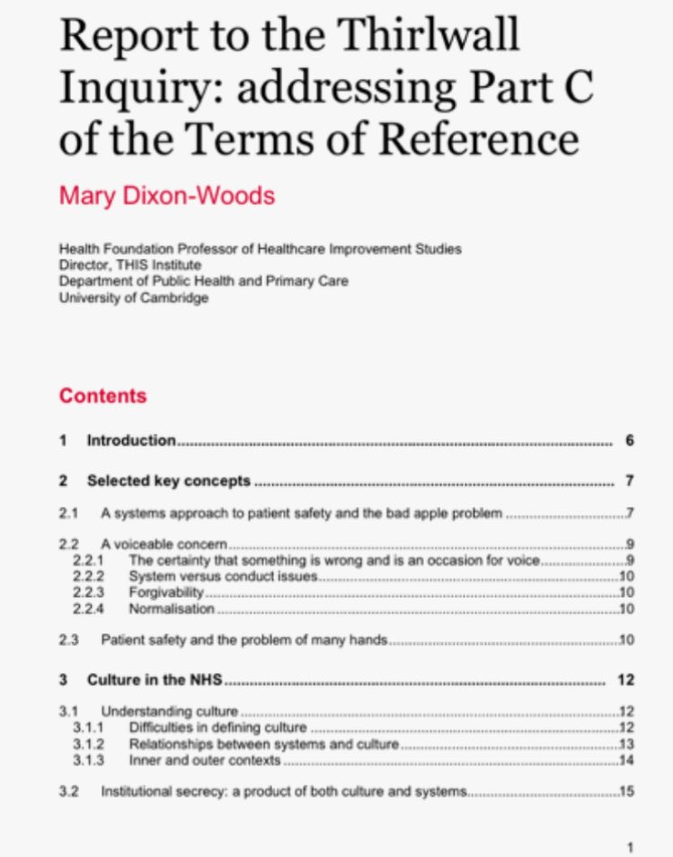 This expert report from <a href="/MaryDixonWoods/">Mary Dixon-Woods</a> published today is an extraordinary summation of just about everything known on patient safety culture and systems, beautifully explained. A long but essential read for anyone working anywhere in the NHS thirlwall.public-inquiry.uk/evidence/inq01…